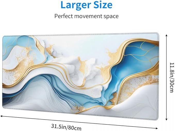 Desk Pad,Office Desk Mat 31.5"×11.8" Large Gaming Mouse Pad,Durable Extended Computer Mouse Pad,Waterproof Thick Big mouse Pads with Non-Slip Rubber Base Office Home Blue White Gold Marble