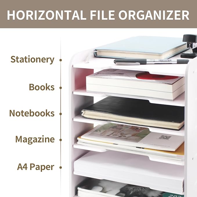 SONGWAY Paper Storage Organizer for Desk - 7 Tier Paper Sorter Organizer, Letter Mail Tray, File Folder Holder Rack, White Desk File Organizer for Home Office