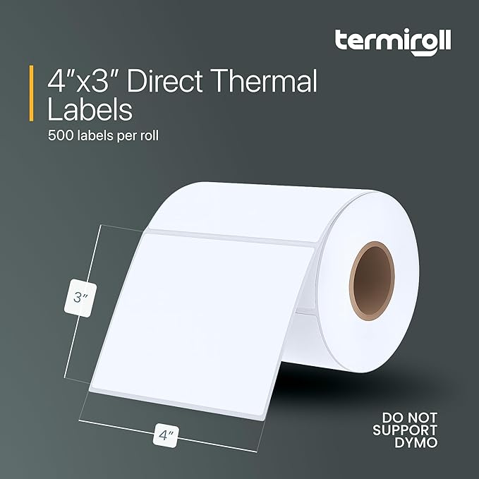 4x3 Thermal Label for Barcodes & Address - Perforated - 500 Labels/Roll - Compatible with Most Direct Thermal Printers Rollo, Zebra - Strong Adhesive, BPA-Free, Commercial Grade (4"x3", 500, Count)