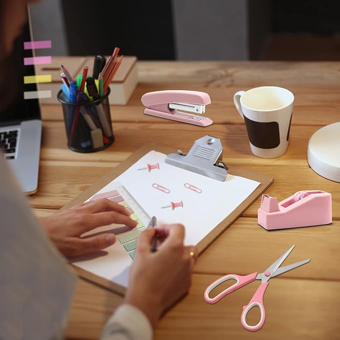 Pink Office Supplies, UPIHO Pink Desk Accessories, Stapler and Tape Dispenser Set for Women with Stapler, Tape Dispenser, Staple Remover, Staples, Clips, Scissor and Tabs,Gift for Students, Coworkers