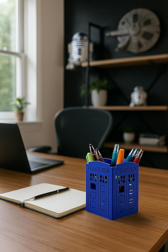 Mango Steam Metal Pen Holder, Makeup Brush Cup Organizer for Office, Bathroom, Vanity (Blue, Police Box)