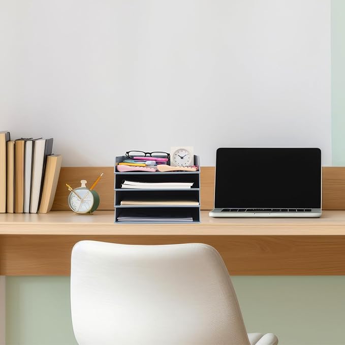 Wenqik 4 Pcs Stackable Paper Trays Rectangular Plastic Desk Holder Desktop Document File Organizer Storage Letter for Office Classroom (Gray)