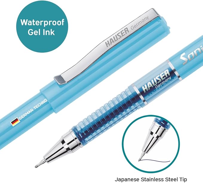 Sonic Gel Pen Box | Attractive Foiled Body | Stylish Metal Clip | Refillable & Waterproof Gel Ink | German Technology For Smooth & Effortless Writing | Blue Ink, Set Of 10