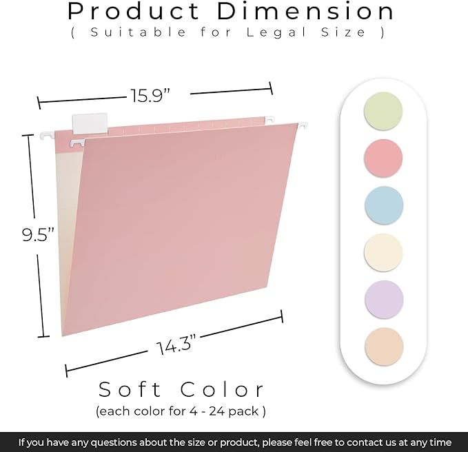 Y YOMA Legal Size - 24 Pack Colored Hanging File Folders Decorative Hanging Folder Cute Pretty File Folder for Filing Cabinet Office Home with 1/5-Cut Adjustable Tabs, Soft Color
