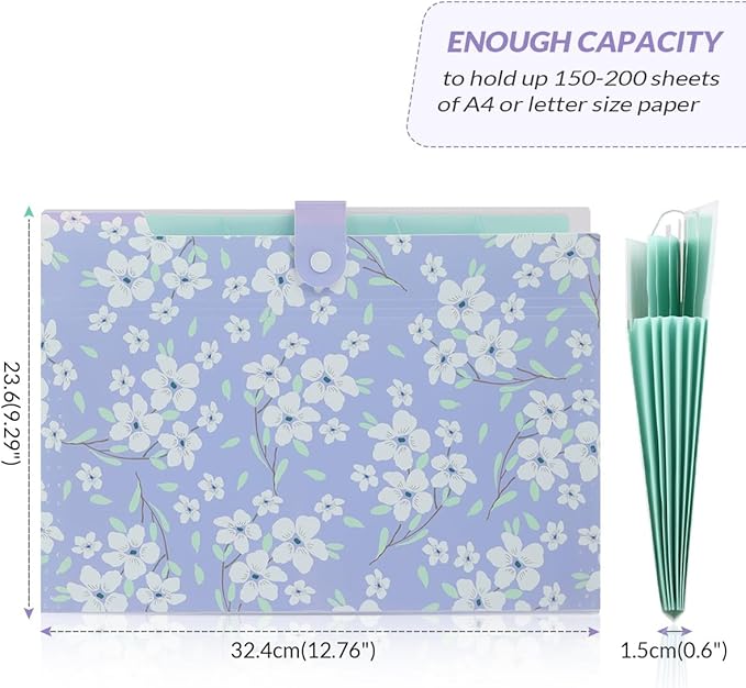 SKYDUE Expanding File Folder with 6 Pockets, Floral Accordion File Organizer for Important Document, Expandable Receipt Paper Holder, School Office Supplies Purple