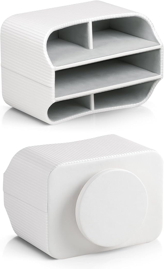 PU Leather Remote Control Holder, 360 Degree Rotating Desk Organizer Storage Table Remote Caddy, Spinning Bedside Organizer Nightstand Organizer for Desktop Office Home (White)