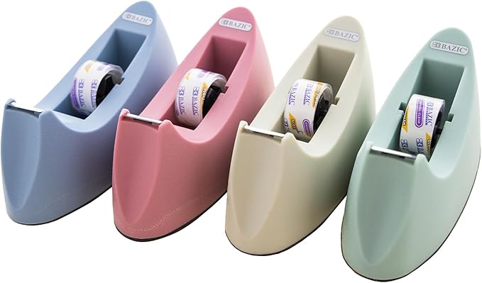 BAZIC Desktop Tape Dispenser w/Tape Refill 3/4" x 250", 1" Core Weighted Non-Skid Base, Sharpe Blade Tapes Holder, Assorted Color, 4-Pack