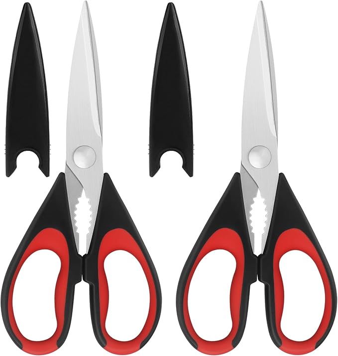 Kitchen Scissors, Stainless Steel Blades, Soft Grip, Multi-Purpose Kitchen Scissors Set, Red/Black, Set of 2
