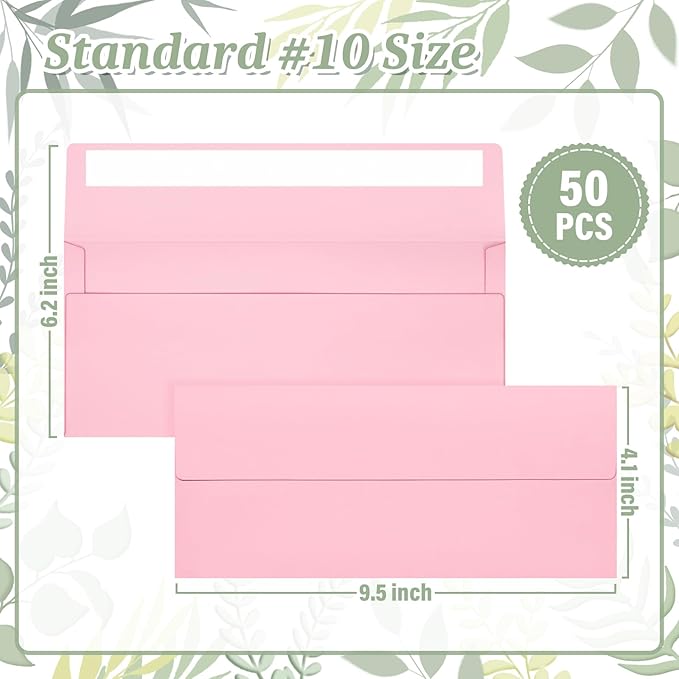 Mulbozy 50 Pcs Pink #10 Business Envelopes, Self Seal Standard Envelopes, Windowless Business Mailing Envelopes for Office, Checks, Letters, Invoices, Statements, Wedding, Size 4-1/8 x 9-1/2 inch