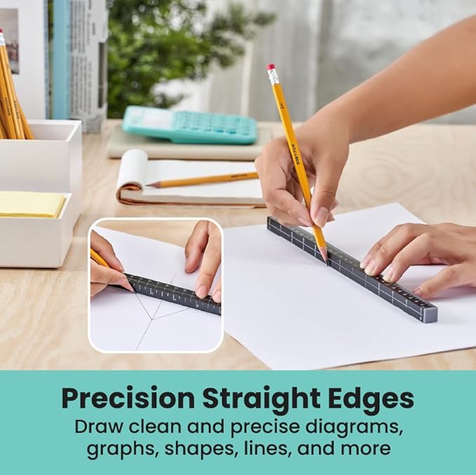 MeasureMate Learning Ruler, Four-Sided Math Tool for Students, Teaching Number Lines, Fraction Line, with Metric and Imperial, Black, 2-Pack