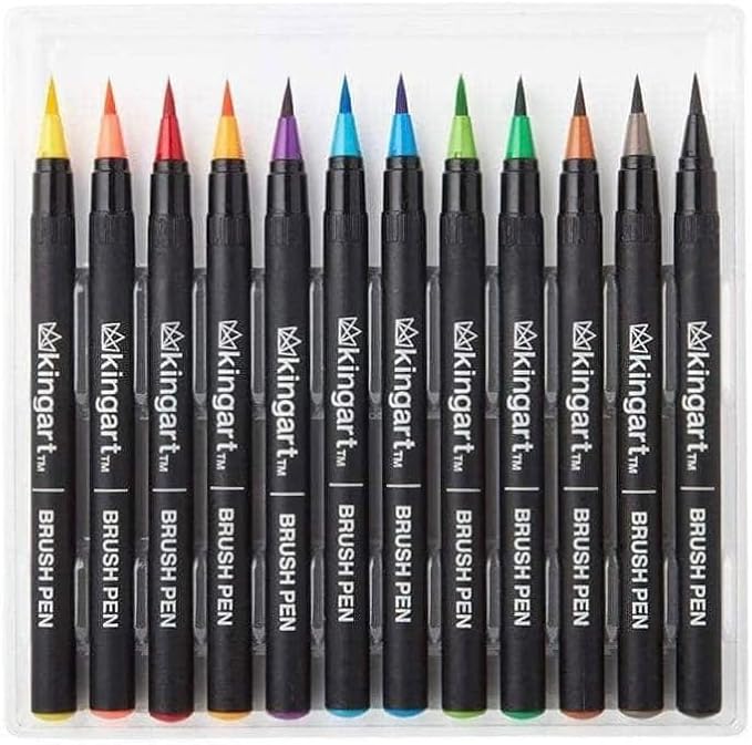 KINGART Pro Brush Pens, 12 Colors for Real Watercolor Painting with Flexible Nylon Brush Tips, Paint Markers for Coloring, Calligraphy and Drawing for Artists and Beginner Painters