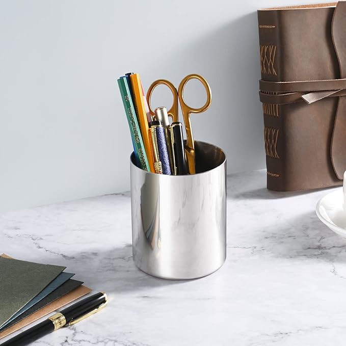 Silver Pencil Holder for Desk,304 Stainless Steel Desktop Pen Holder,Pencil Holder,Pencil Cup,Pencil Pot, Makeup Brush Holder,Stationery Organizer