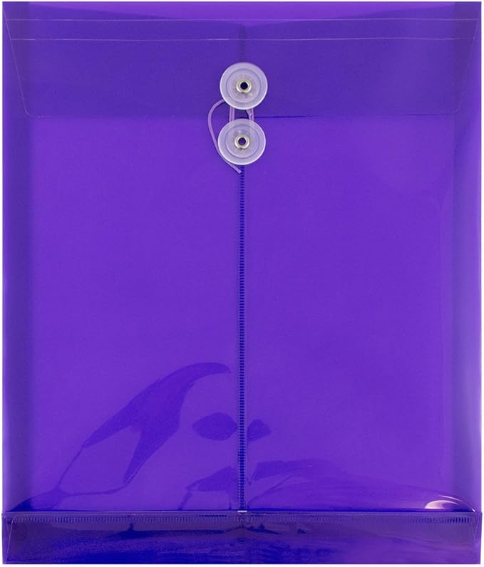 JAM PAPER Plastic Envelopes with Button & String Tie Closure - Letter Open End - 9 3/4 x 11 3/4 - Assorted Colors - 12/Pack