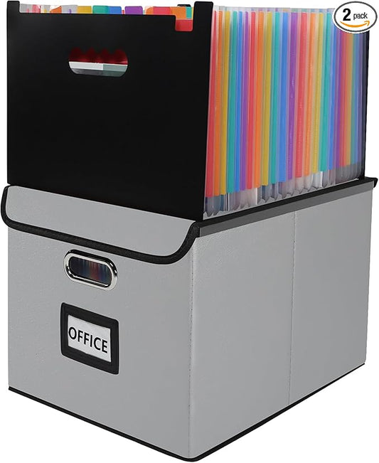 File Organizer Box with Folder, 25 Pockets Accordion File Organizer with Colored Labels, Upgraded & Portable File Folders for Home, Office, School, Silver