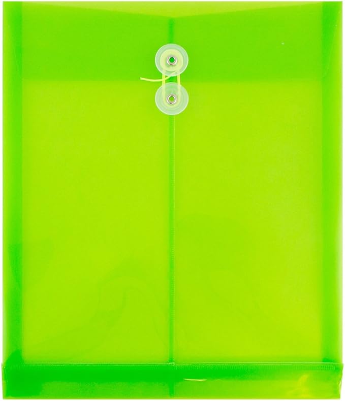 JAM PAPER Plastic Envelopes with Button & String Tie Closure - Letter Open End - 9 3/4 x 11 3/4 - Lime Green - 12/Pack