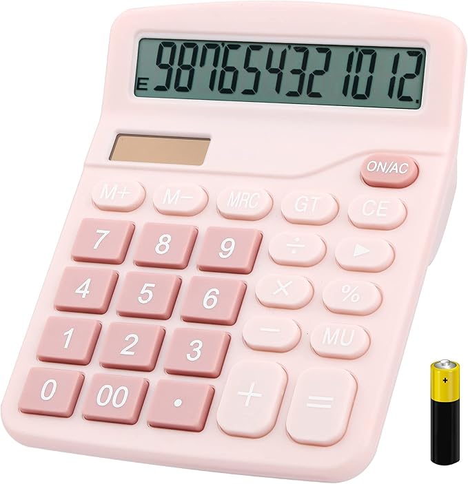Desk Calculator, Envysun 12-Digit LCD Display Office Calculator – Dual Power, Compact and Lightweight, Easy-to-Read Display, Durable for Business, School, and Home (Pink)