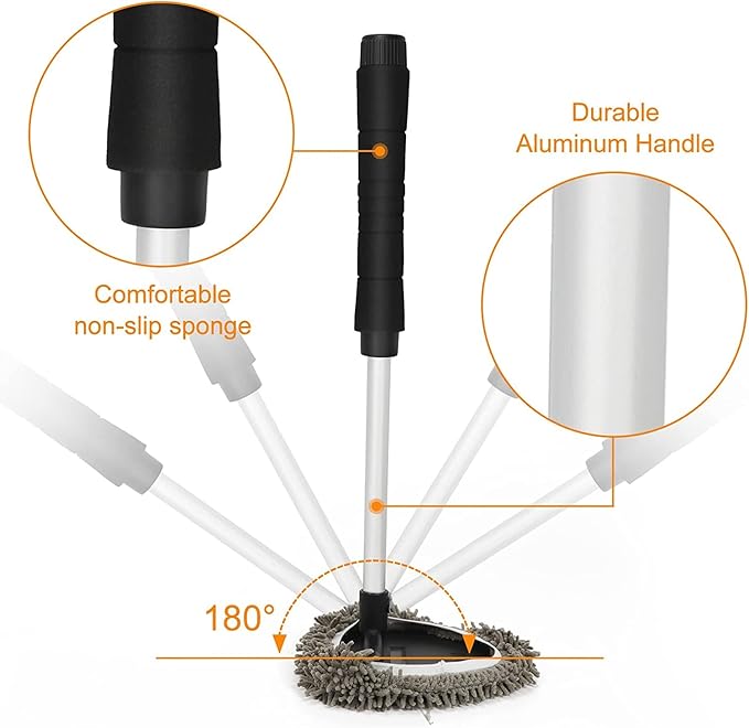 JOYFUL&HOPEFUL Car Windshield Cleaning Tool, Car Inside Window Cleaner Tool with Extendable Handle, 3pc Microfiber and 2pc Chenille, Car Interior Cleaner Tool Anti Fog, Streaks Free