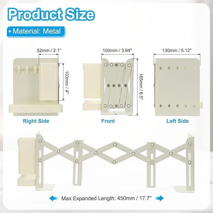 PATIKIL Adjustable Book Ends, 6.5" Tall Heavy Duty Metal Adjustable Bookends Book Holders Organizer with Removable Pen Holder Tray and 3 Hook-up for Heavy Books Desk Office Home, White