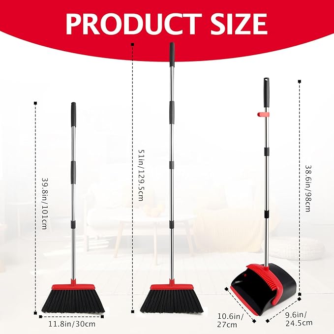 XXFLOWER Broom and Dustpan Set with Long Handle, Heavy Dust Broom and Dustpan Combo for Home，Kitchen, Office, Pet Hair 2PCS (Black Red)