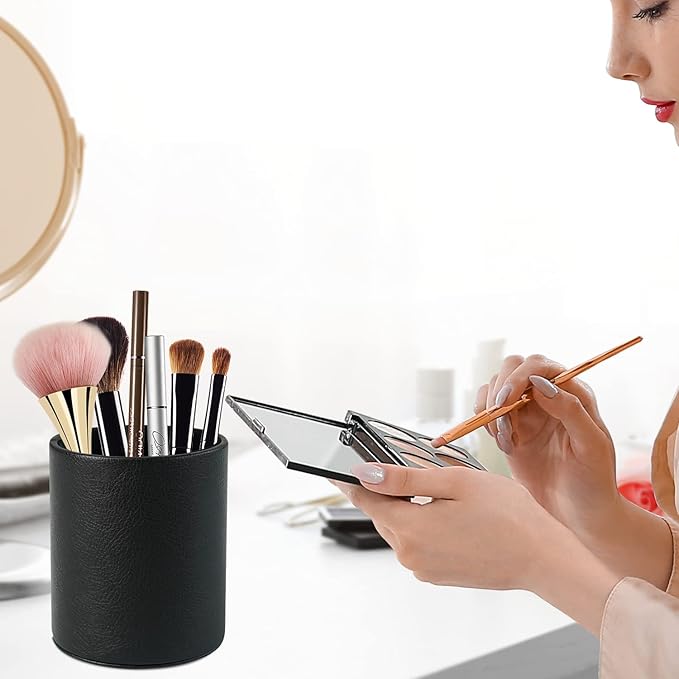 Pen Holder PU Leather Pencil Desk Stand for School/Office/Home (Black)