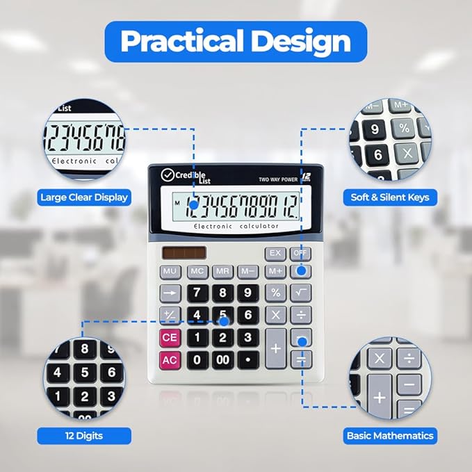 Large Calculator with 12 Digit Display, Eye-Angled Screen, Large Buttons and Dual Power Source for Home and Office Use