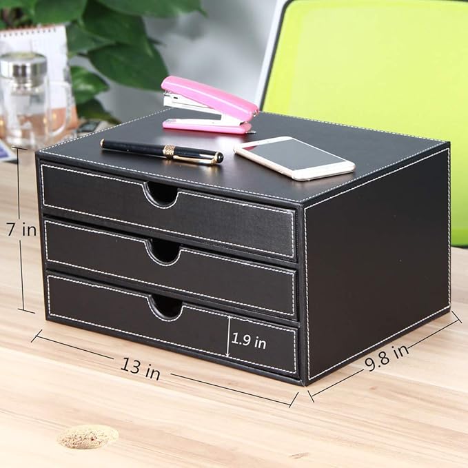 High-end PU Leather Desk Organizer File Cabinet Executive Office Supplies Desktop Filing A4 File Cabinet Stackable Storage Organizer Box with 3 Drawers (Black)…