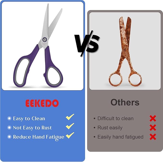 EKKEDO 6 Pack All Purpose Scissors, 8.3" Stainless Steel Scissor With Ergonomic Soft-Grip Handles, Sharp Blades Scissors for Office, School, Kitchen, Crafts, Sewing, Left and Right Hand Use (6 Colors)
