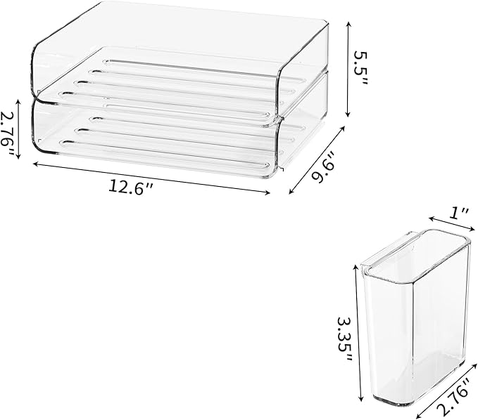 2-Tier Office Organizer with Pen Holder, Stackable Paper Tray for Files, Letters, Books, Clear Paper Folder