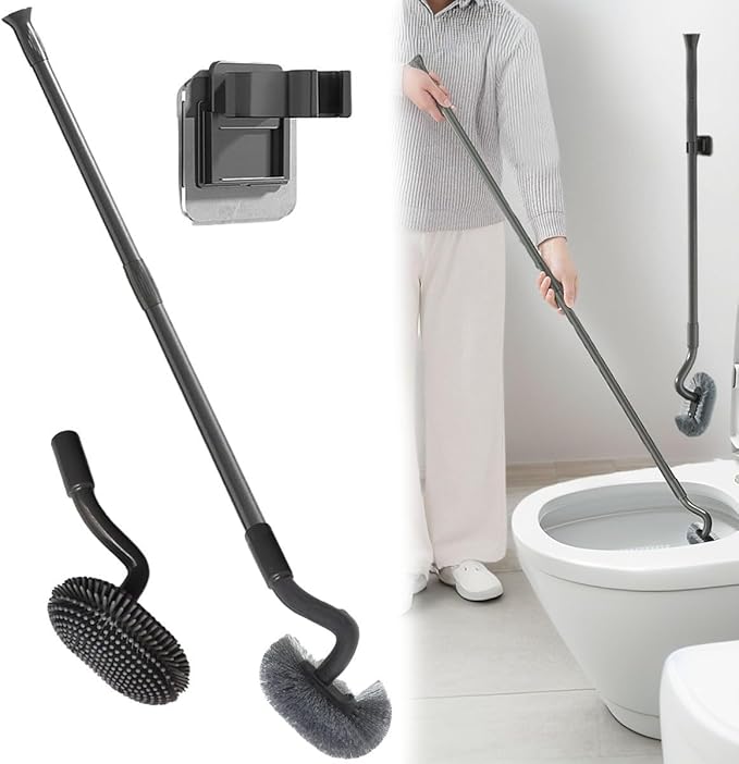 Wall Mounted Long Handle Toilet Brush Set with Holder and 2 Brush Heads Silicone and Stiff Bristle Toilet Bowl Scrubber Bathroom Brush Cleaning Tool for Home