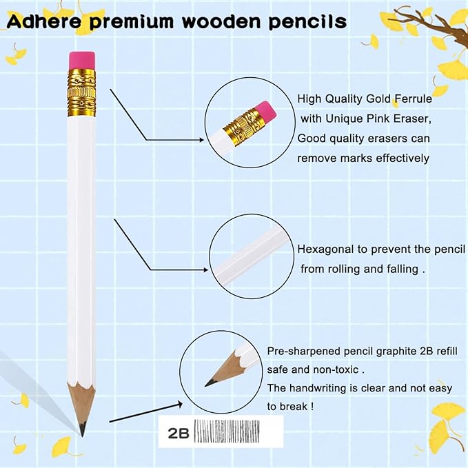 Adhere 50pcs Golf Pencils with eraser Hexagon Wooden Pencils Graphite 2B for Golf Event Scoring,Classroom,Wedding,Company Meetings,Pew, Pocket (z-White・Hexagon・50pcs)
