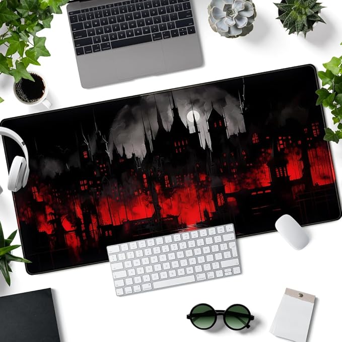 Black Castle Large Mouse Pad Red and Black Mousepad Gaming Playmat Game Mat, Big Full Keyboard and Mouse Pads Cool Desk Pad for Keyboard with Stitched Edges Anti-Slip Desk mat 31.5" X 15.7 "