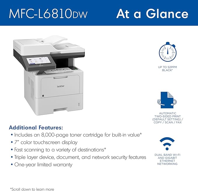 Brother MFC-L6810DW Enterprise Monochrome Laser All-in-One Printer, Large Paper Capacity, Wireless Networking, Advanced Security Features, and Duplex Print, Scan, and Copy, Works with Alexa