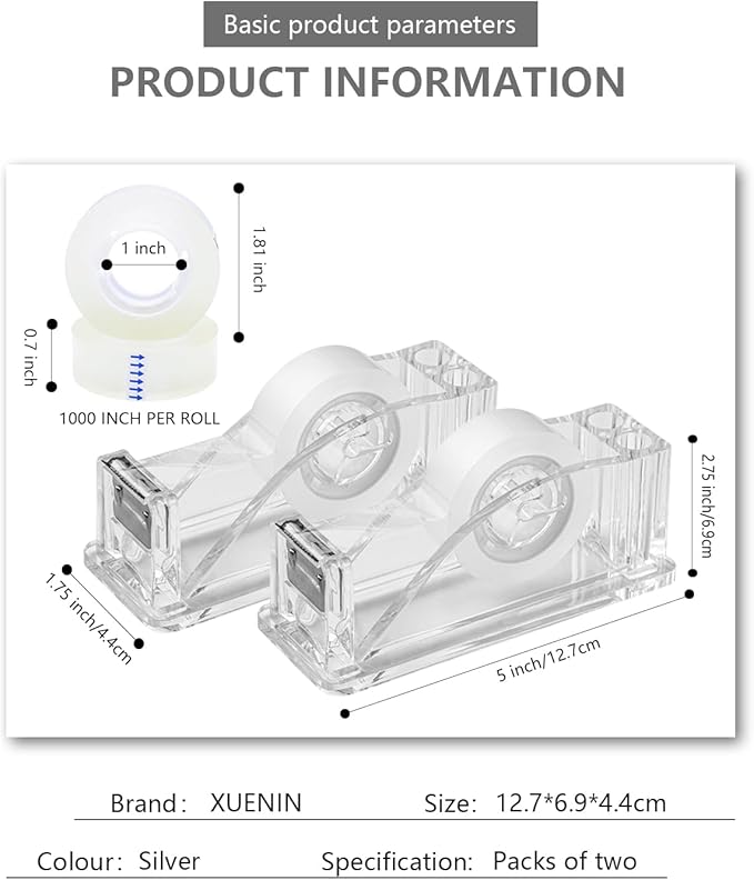 2-Piece Acrylic Tape Dispenser Desk - Durable, Stylish, and Versatile for Home, Office, or School - Fits Standard Tape Rolls - Desktop Convenience for Easy Organization（Silvery）