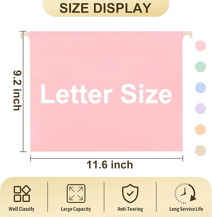 Plastic Hanging File Folders Letter Size,24 Pack Pastel Hanging Folders with Tabs,Heavy Duty for Filing Cabinet,Home and Office File