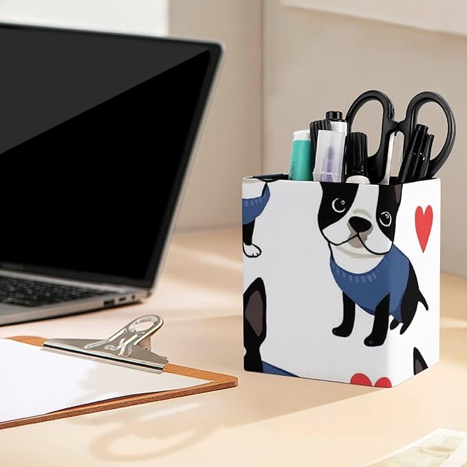 Pen Holder Square Leather Pencil, Holder Cup Makeup Brush Storage Organizer, Waterproof Multifunctional Office Supplies Boston Terrier Bulldog