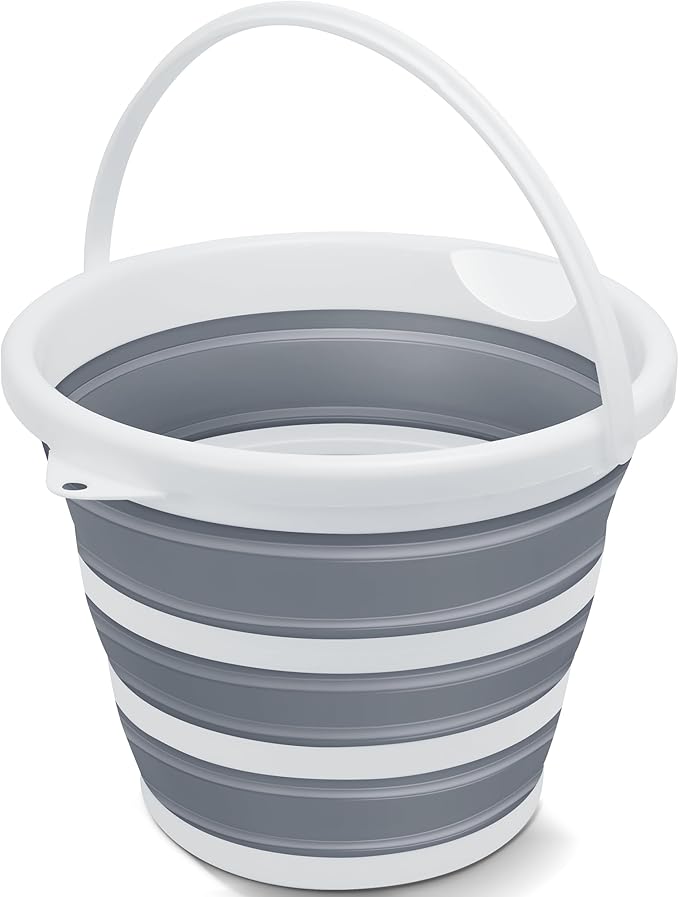 Collapsible Bucket, 2.6 Gallon (10L) - Foldable Mop Bucket for House Cleaning, Car Washing, Camping - Portable Water Pail for Outdoor, RV, Travel (Grey, Round)