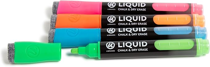 U Brands Liquid Chalk Markers For Blackboard, Chalk Board, and Dry Erase Boards, with Eraser, Assorted Bright Colors, Set of 4