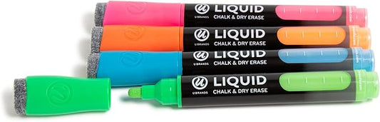 U Brands Liquid Chalk Markers For Blackboard, Chalk Board, and Dry Erase Boards, with Eraser, Assorted Bright Colors, Set of 4
