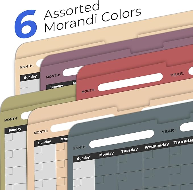 Y YOMA 6 Pack File Folder Jackets Letter Size Paper Pocket File Folder with Reinforced Straight-Cut Tab Pre-Printed Job Folders No Expansion Organizer, Morandi Colors, Vertical Calendar Design