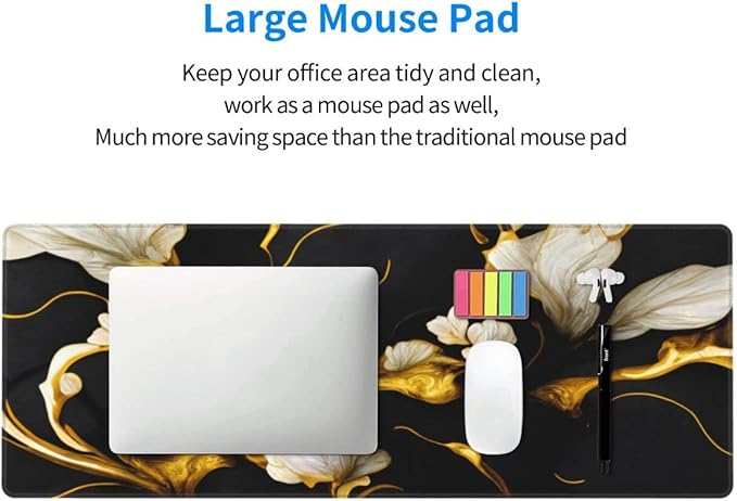 Desk Pad,Office Desk Mat 31.5"×11.8" Large Gaming Mouse Pad,Extended Computer Mouse Pad,Waterproof Thick Big Mouse Pads with Non-Slip Rubber Base Office Home Black Gold Marble Flower
