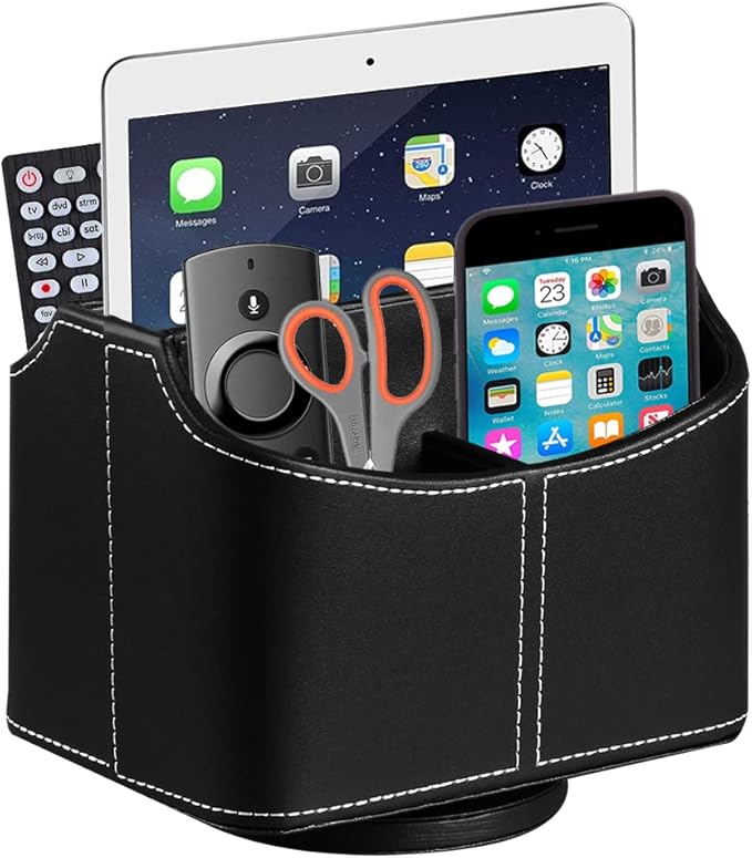 PU Leather Remote Control Holder,360 Degree Spinning Desk TV Remote Caddy,Desk Organizers and Accessories,for Controller,Media,Mail,Calculator,Mobile Phone,Pen Storage Holder(Black)