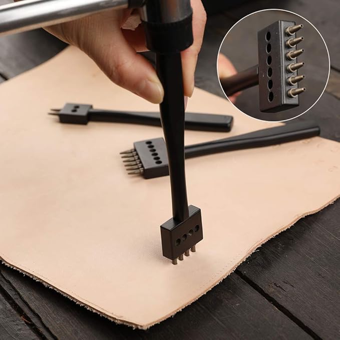 Leather Hole Punch, Prong Punch, Black Hole Punch Tool 5mm, 2/4/6 Lacing Stitching Punch, Round Hole Prong Stitching Chisel Set Leather Working Tools for Leathercraft