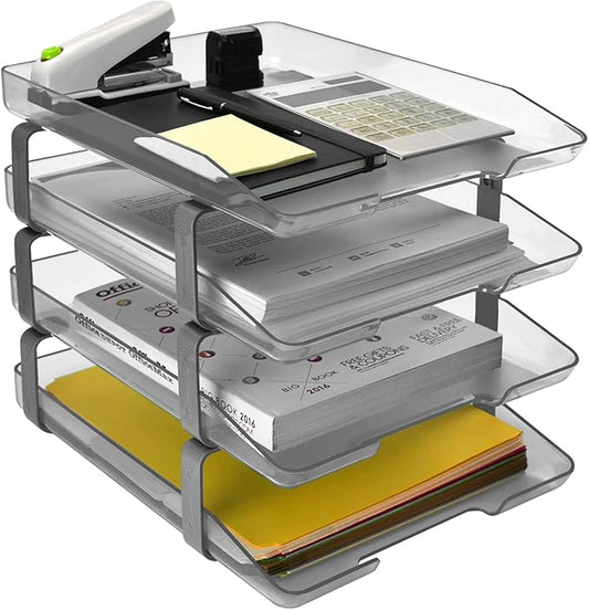 Acrimet Traditional 4 Tier Letter Tray, Front Load Design, A4 Letter Size, Desktop Organizer (Plastic) (Clear Crystal Color)