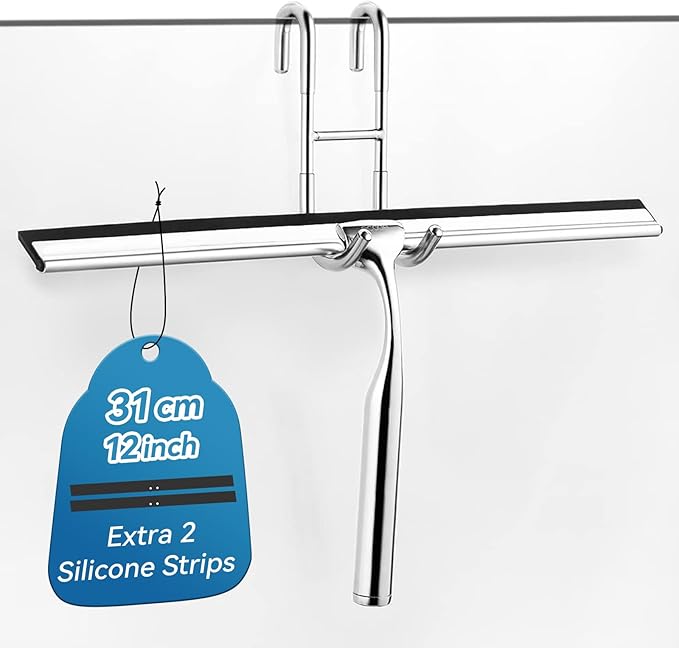 ecooe Stainless Steel Shower Squeegee with Hook, 12″ Shower Glass Cleaner Wiper Scraper with 2 Replacement Blade Window Squeegee for Home Bathroom Kitchen Car Glass Doors
