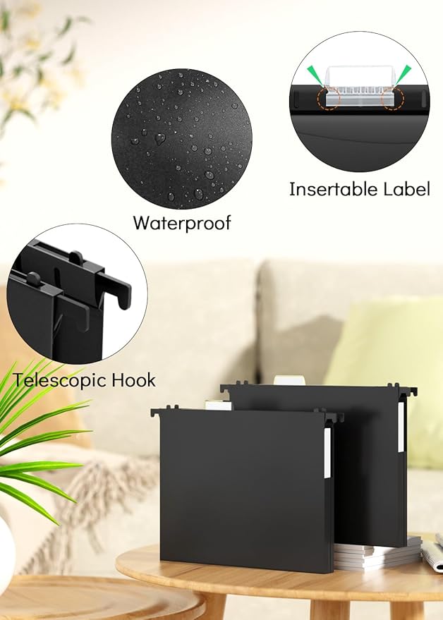 Extra Capacity Plastic Hanging File Folders,12 Pack Reinforced Hang Folder, Heavy Duty 1 Inch Expansion, Filing Cabinet Folders Letter Size for Bulk Files/Medical Charts, Black