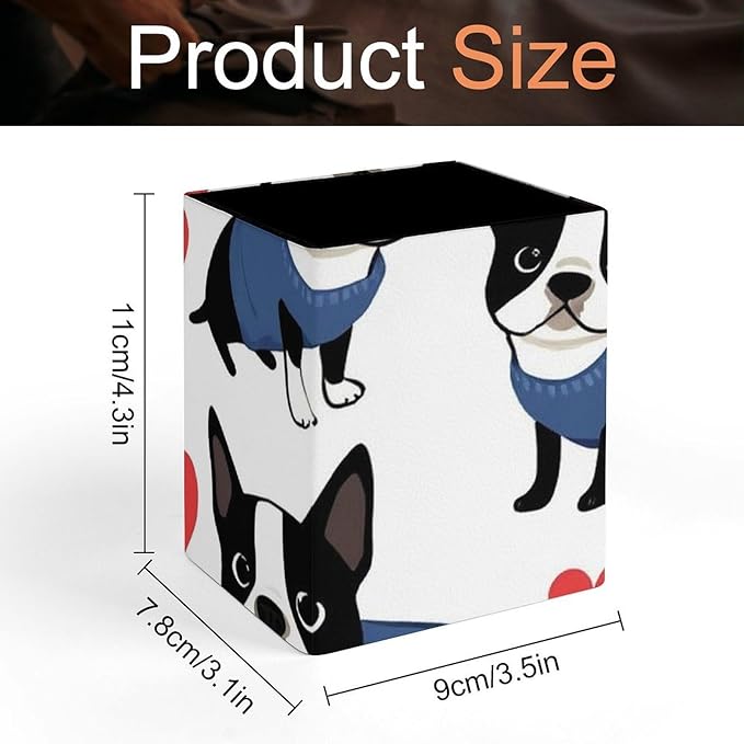 Pen Holder Square Leather Pencil, Holder Cup Makeup Brush Storage Organizer, Waterproof Multifunctional Office Supplies Boston Terrier Bulldog