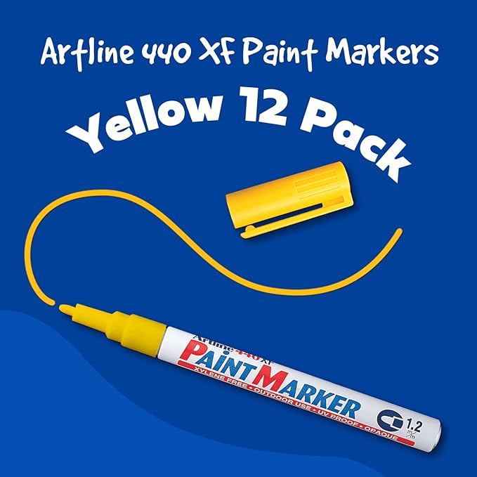 Artline 440XF Paint Markers for Wood, Plastic, and Canvas, Waterproof Marker for Indoor/Outdoor Applications, Opaque Coloring Markers with 1.2mm Bullet Tip - Yellow, 12 Pack