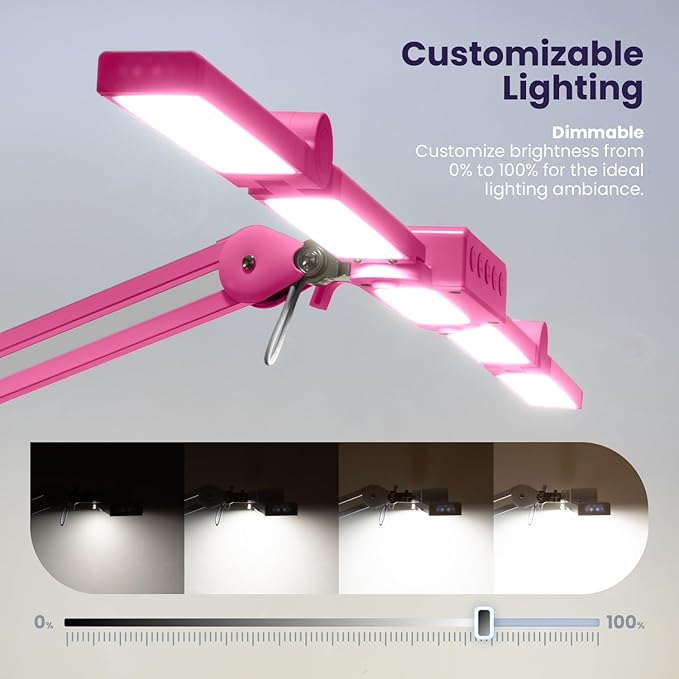 Neatfi (New Model) 3,000 Lumens LED Desk Lamp, Dimmable, 360 SMD LEDs, 30W, CRI 95, Adjustable Light Modes, Task Lamps for Home Office, Study Lamp, Desk Light Bar (CCT with Clamp, Pink, 44 Inches)