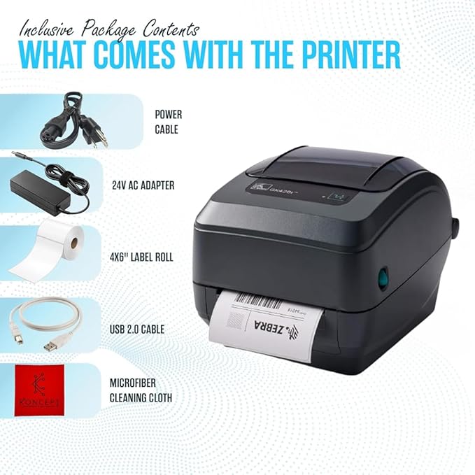 GK420T Zebra Thermal Transfer Monochrome Desktop Printer for Labels, Receipts, Barcodes, Tags, and Wrist Bands - with USB, Ethernet Port Connectivity & Microfiber Cleaning Cloth