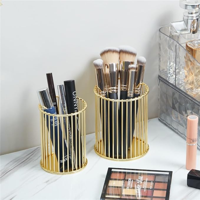 2 Pack Metal Pen Holder for Desk, Makeup Brushes Cup Holder, Pencil Holders, Pen cup, Home and Office Organizer, Gold